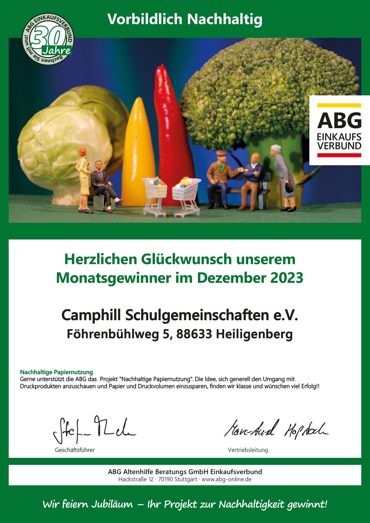 Urkunde - Gewinner - Dezember - Camphill Schulgemeinschaften e.V.