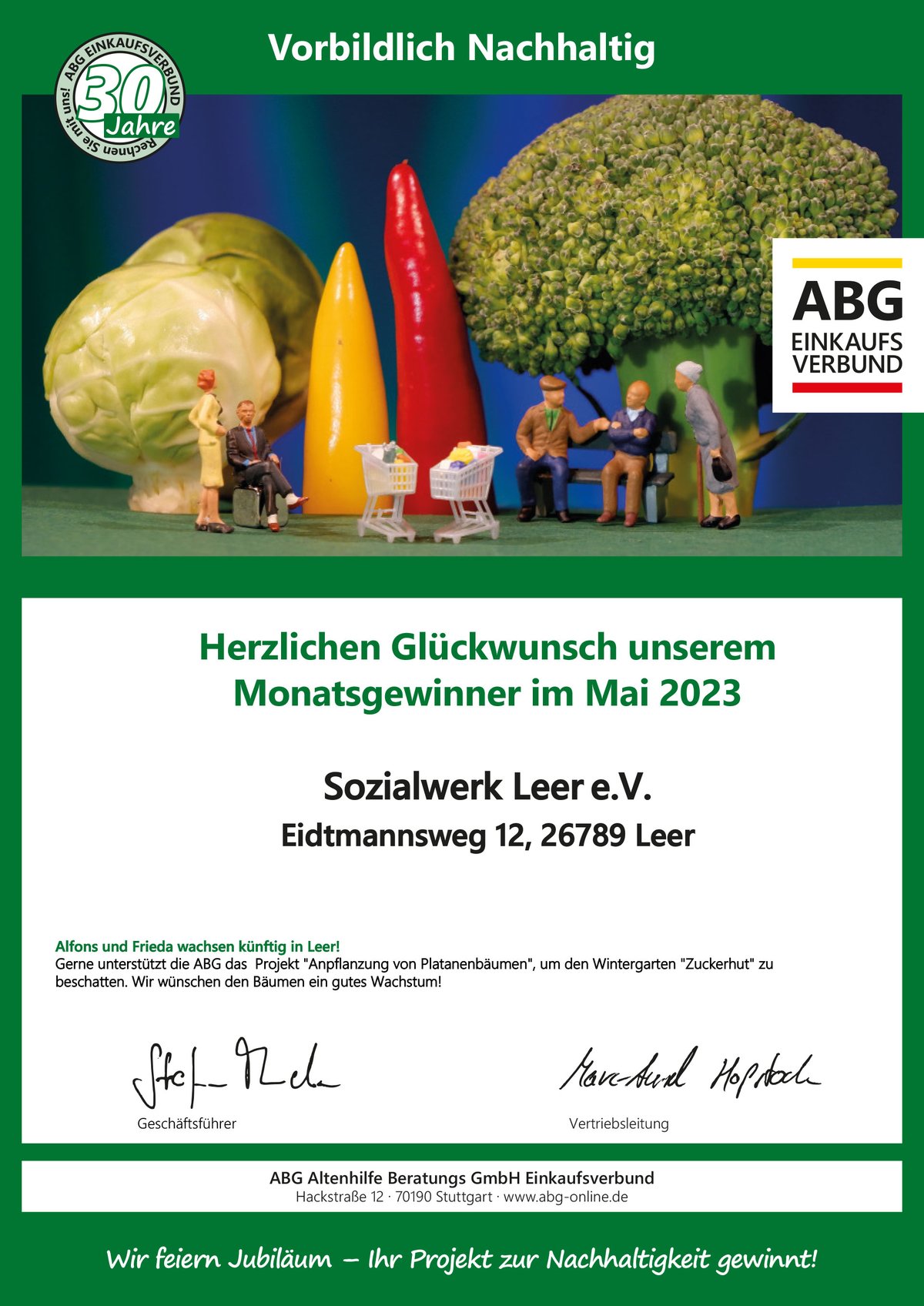 Urkunde - Gewinner - Mai - Sozialwerk Leer e.V.