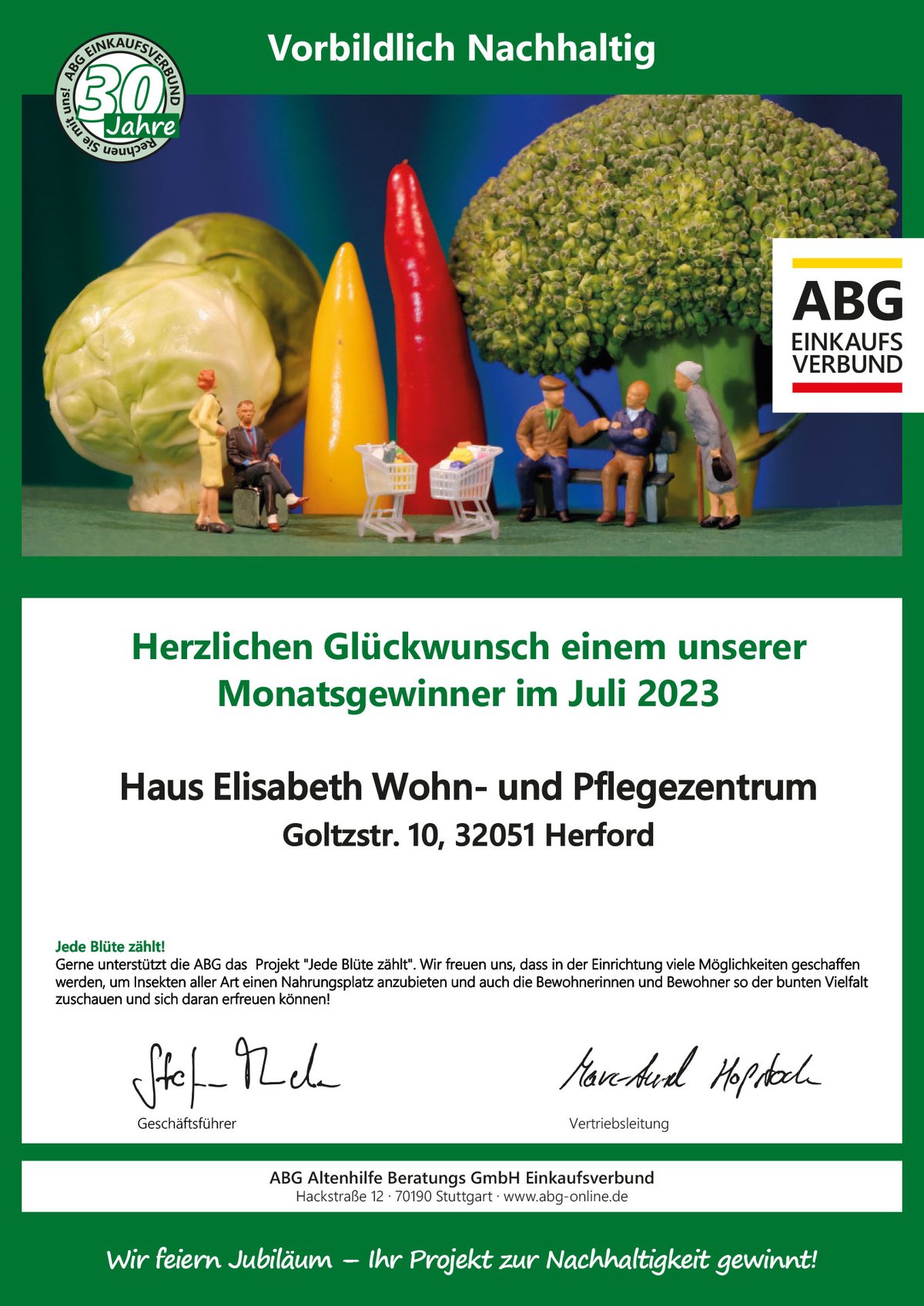 Urkunde - Gewinner - Juli - Haus Elisabeth Wohn- und Pflegezentrum