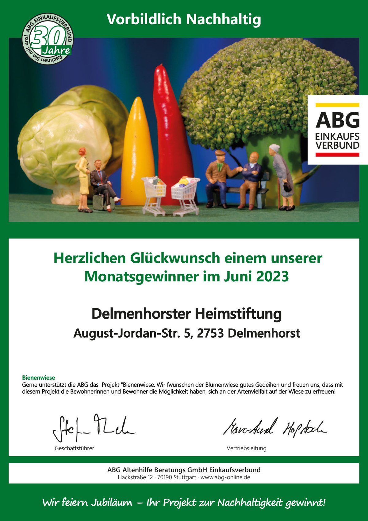 Urkunde - Gewinner - Juni - Delmenhorster Heimstiftung